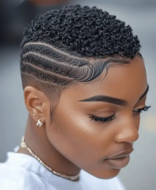 A very short haircut on a Black woman with intricately