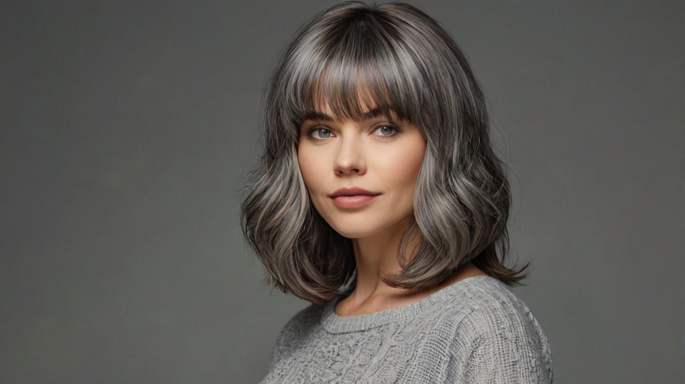 medium length gray hairstyles with bangs