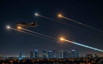 An interceptor flies in the sky as missiles from Iran are fired to Israel, as seen from Tel Aviv, Israel on June 17, 2025. Jamal Awad/Reuters